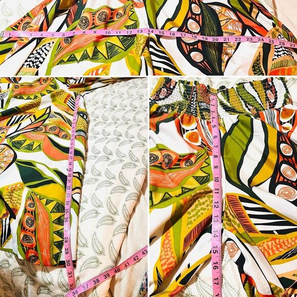 Cato Vibrant Flowy Tropical Satin Extra Wide Leg Palazzo Pants Green Orange M - Picture 11 of 11